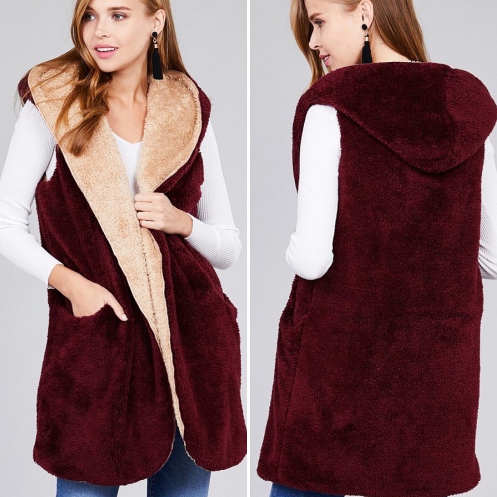 Plus Open Front Hoodie Faux Fur Soft Fluffy Vest